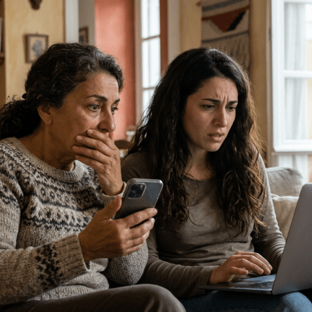 Two concerned women sitting on a couch, one holding a smartphone and the other using a laptop