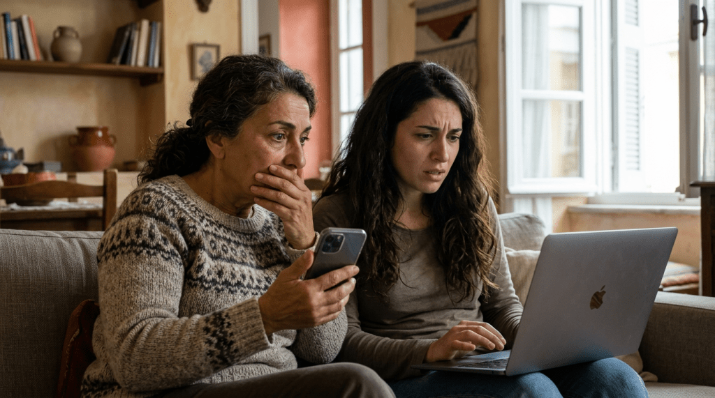 Two concerned women sitting on a couch, one holding a smartphone and the other using a laptop