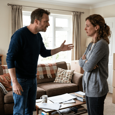 Man and woman arguing face to face in a living room with packed boxes