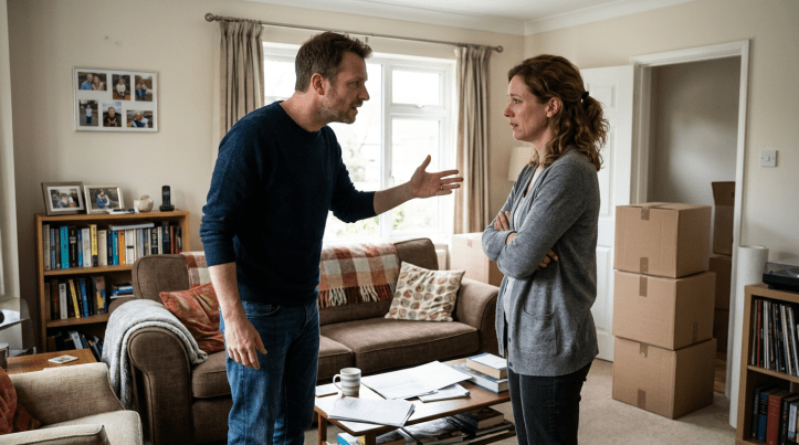 Man and woman arguing face to face in a living room with packed boxes